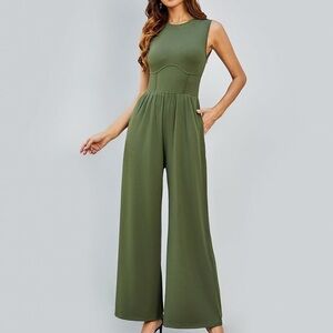 Sleeveless Olive Green Wide-Leg Jumpsuit